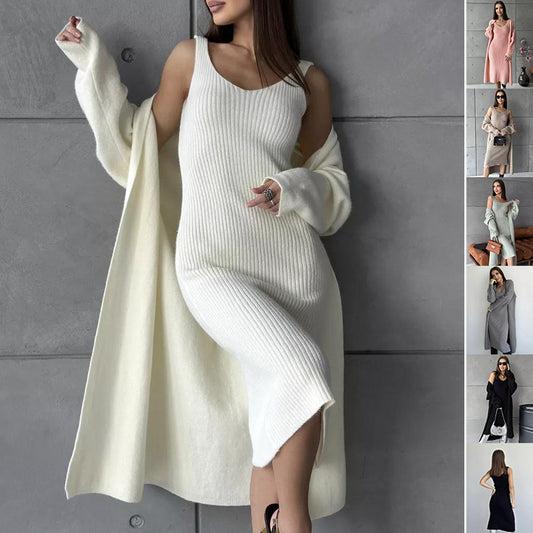 Women's 2pcs Knitted Suit  Slim  Fit Sleeveless Long Dress And Casual Loose Cardigan Spring Fall