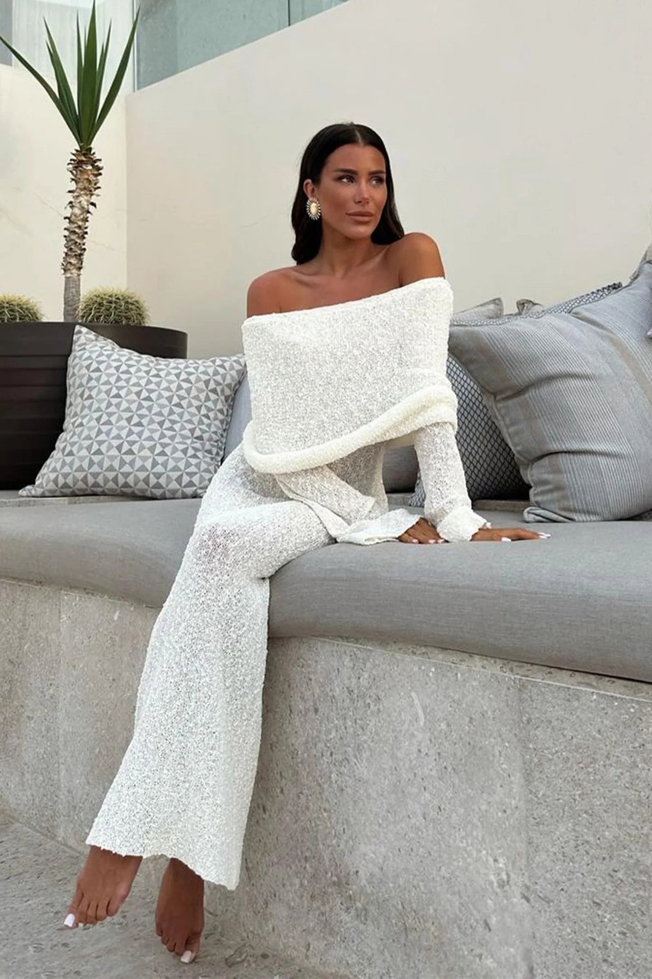 Women's French-style One-shoulder Knitted Dress  Long-sleeved Maxi Dress