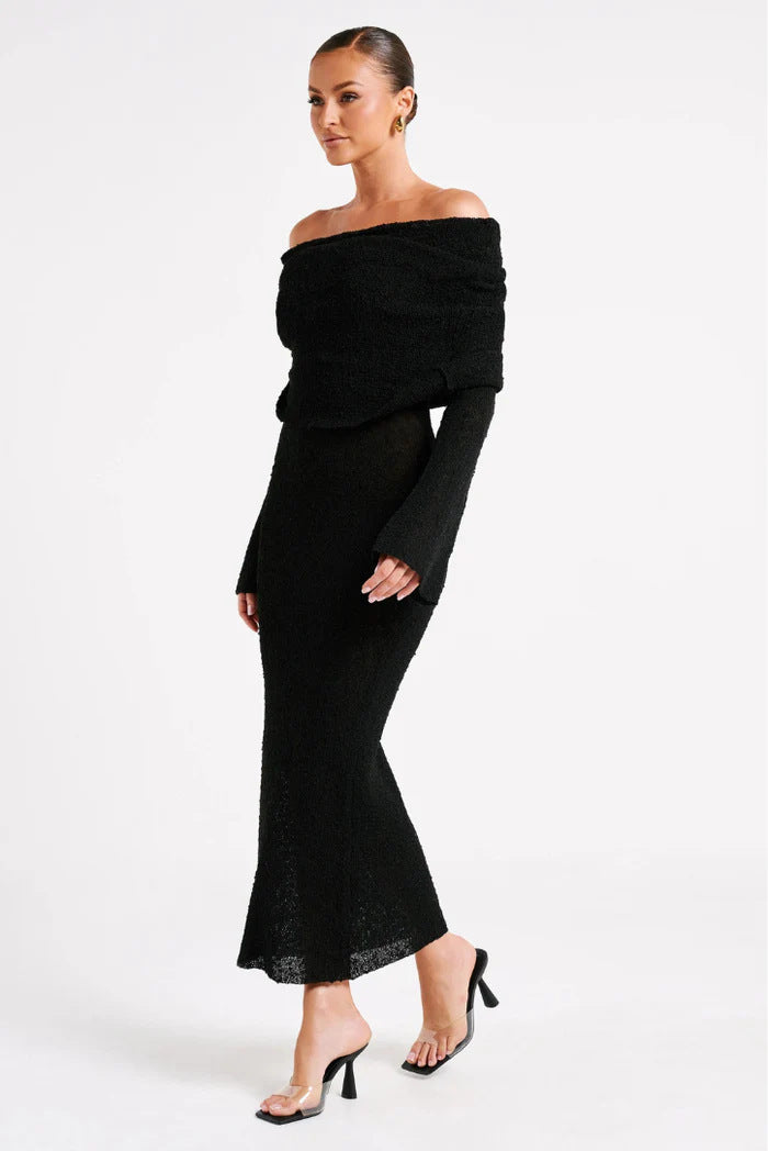 Women's French-style One-shoulder Knitted Dress  Long-sleeved Maxi Dress