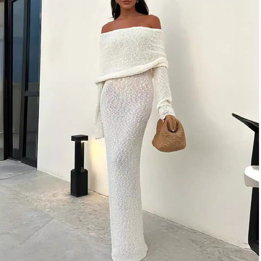 Women's French-style One-shoulder Knitted Dress  Long-sleeved Maxi Dress