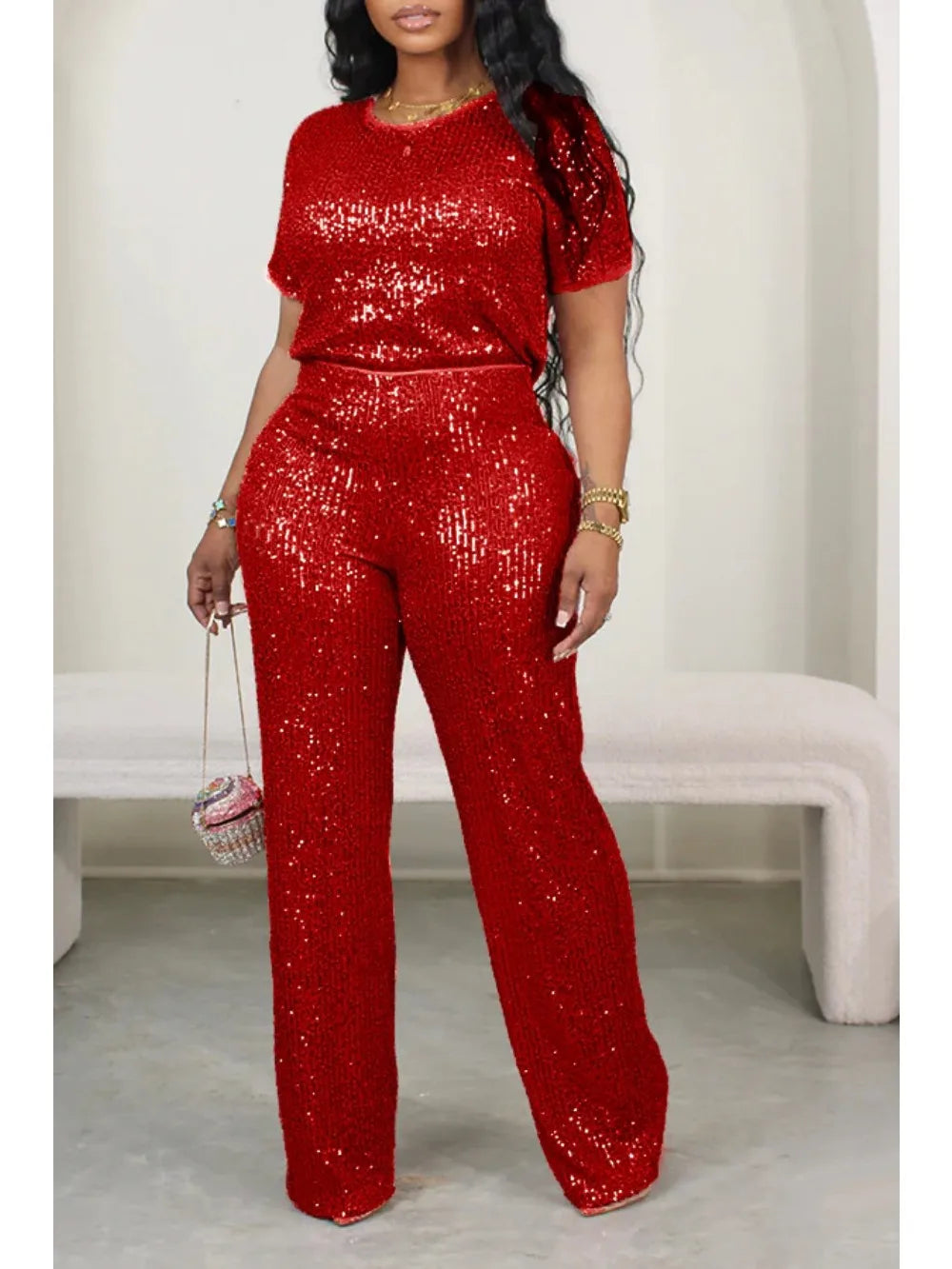 Women's Casual Sequin Two Piece Set Short Sleeved T-shirt style Wide Leg Pants