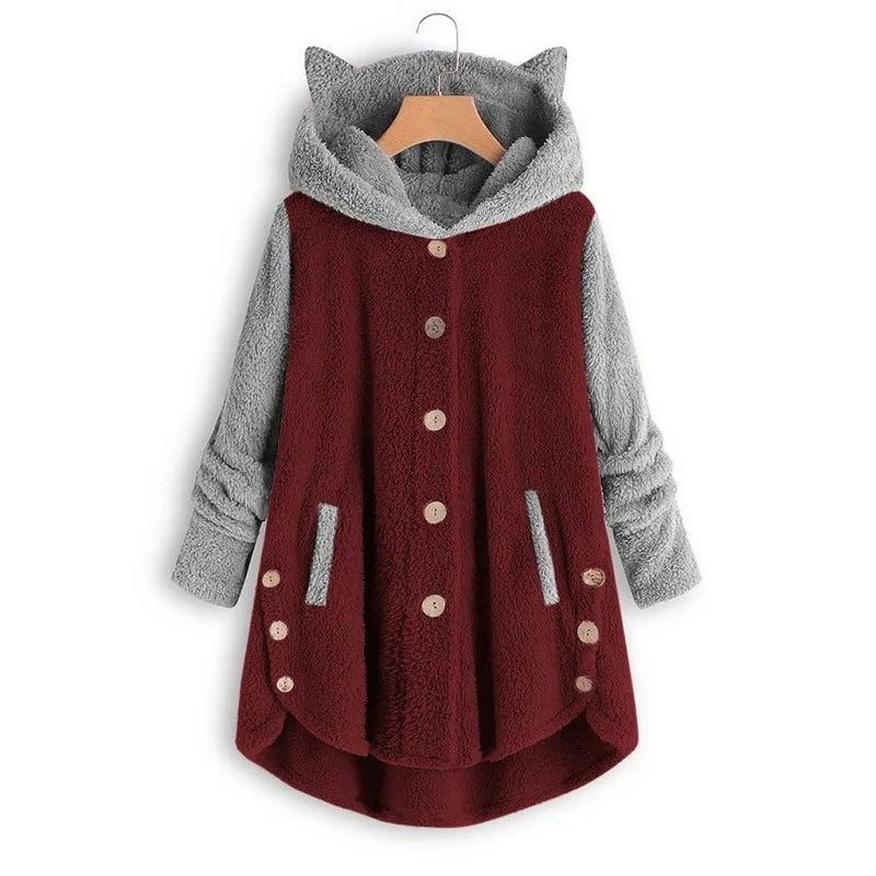 Cat Print Long sleeve Hoodie Fleece sweater Button  up with Pockets and Cat Ears