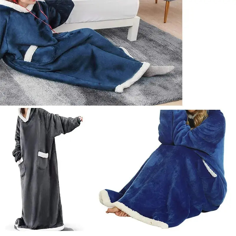 Wearable Blanket Thick  Extra Plush Hoodie Long Large Pocket Fleece  for Men and Women