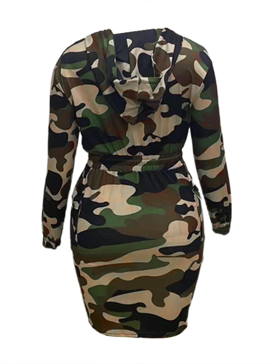 Womens Side Pocket Design Cargo Dress  Hooded Collar Full Camouflage  Knee Length Dress