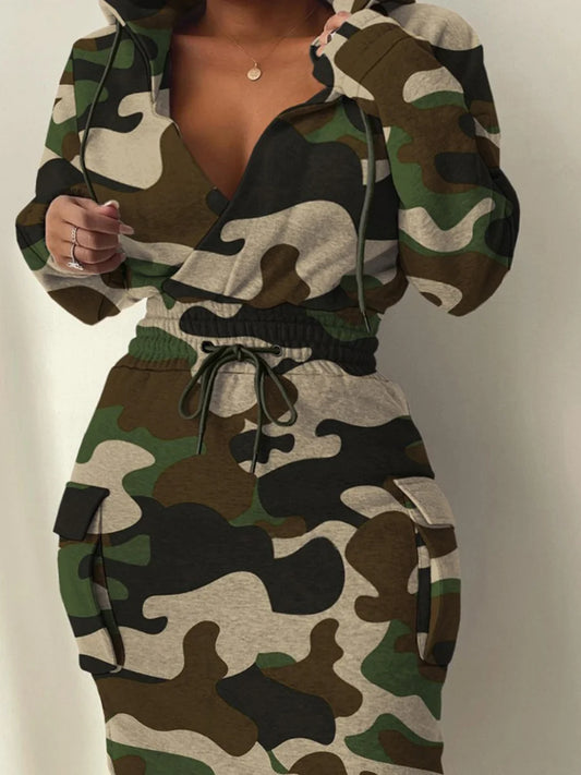 Womens Side Pocket Design Cargo Dress  Hooded Collar Full Camouflage  Knee Length Dress