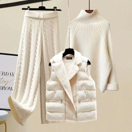 Winter Warm 3 pc Knitwear Turtleneck Sweater+Lamb Padded Vest+Twist Knitted Pant Sets