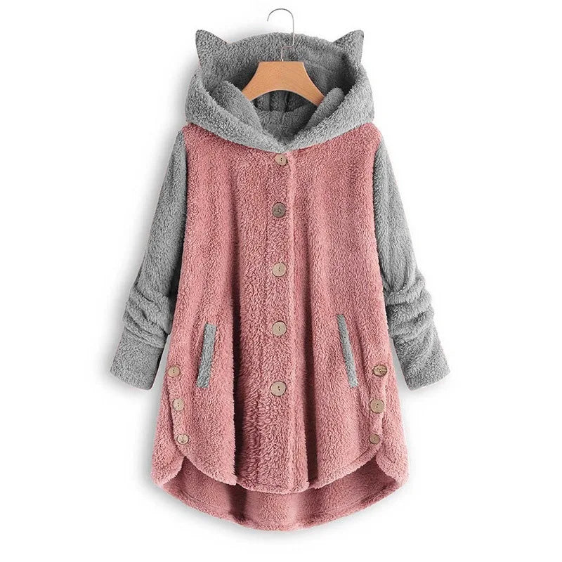 Cat Print Long sleeve Hoodie Fleece sweater Button  up with Pockets and Cat Ears