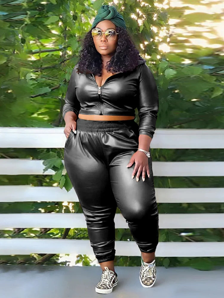 Women's leather look  Plus Size Two Piece Outfits  Hoodie Crop Top Legging Pants Sets