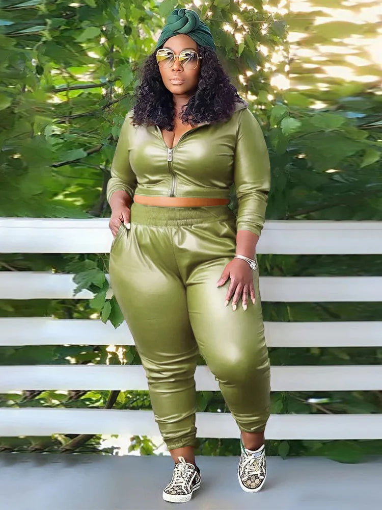 Women's leather look  Plus Size Two Piece Outfits  Hoodie Crop Top Legging Pants Sets