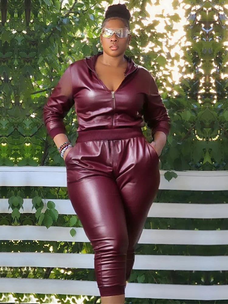 Women's leather look  Plus Size Two Piece Outfits  Hoodie Crop Top Legging Pants Sets