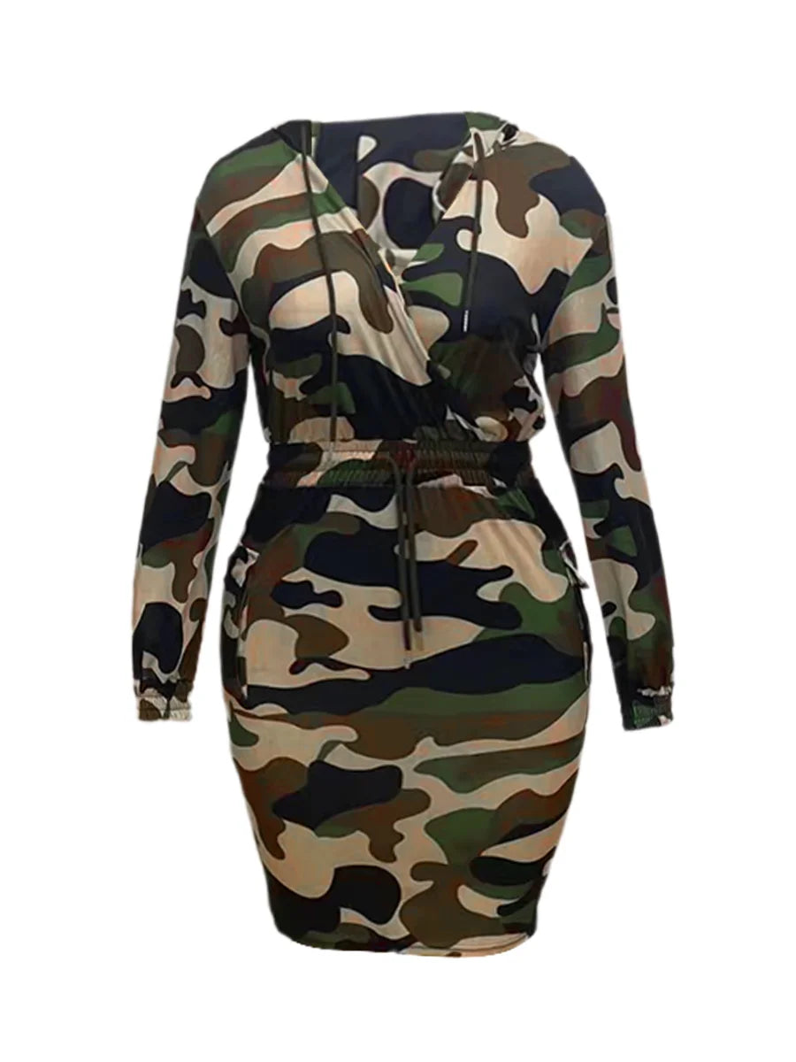 Womens Side Pocket Design Cargo Dress  Hooded Collar Full Camouflage  Knee Length Dress