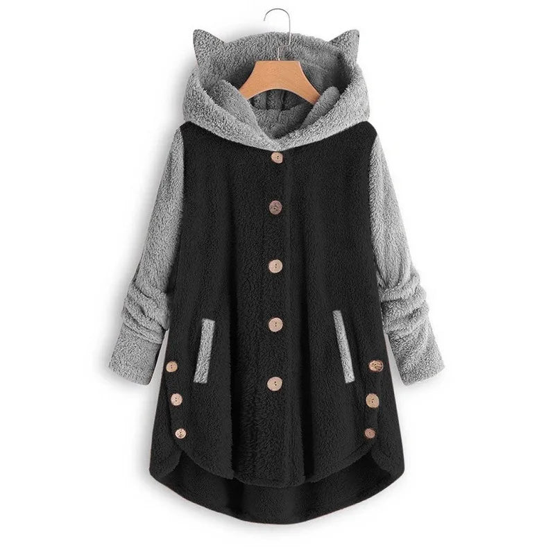 Cat Print Long sleeve Hoodie Fleece sweater Button  up with Pockets and Cat Ears