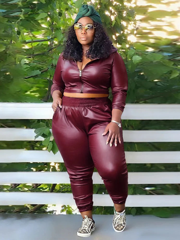 Women's leather look  Plus Size Two Piece Outfits  Hoodie Crop Top Legging Pants Sets