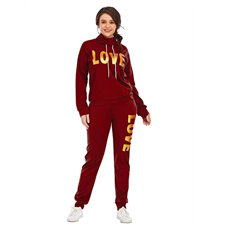 Women  LOVE Letter Print High Neck Hoodies Sweatshirt Pants Set