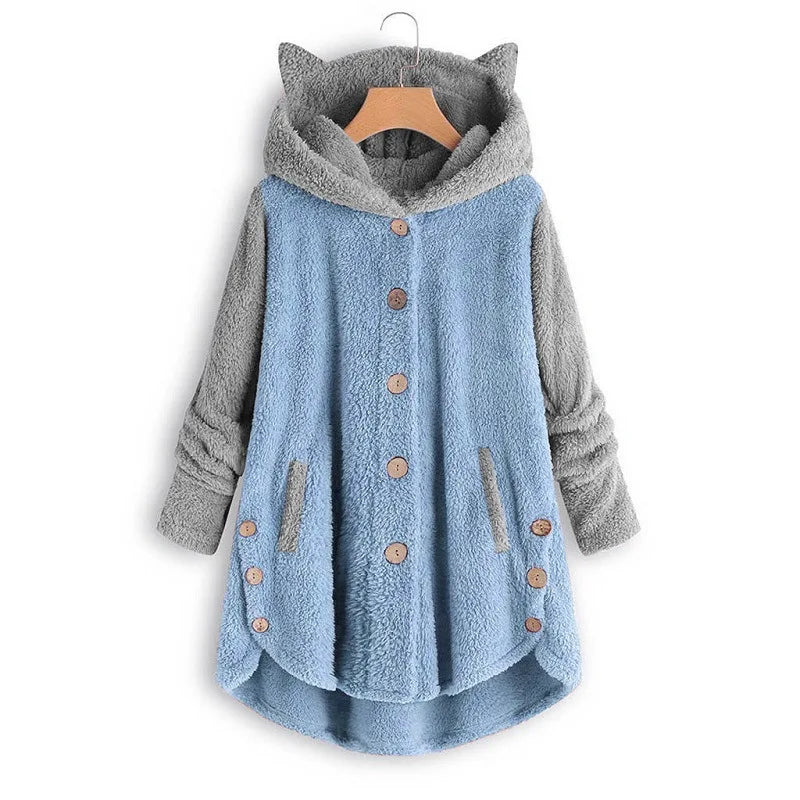 Cat Print Long sleeve Hoodie Fleece sweater Button  up with Pockets and Cat Ears