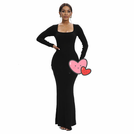 Women's Body shaping Maxi Dress Two-in-one Long Sleeve U-neck Dress